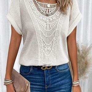 Boho Crochet Lace Knit Top | Cream Ivory